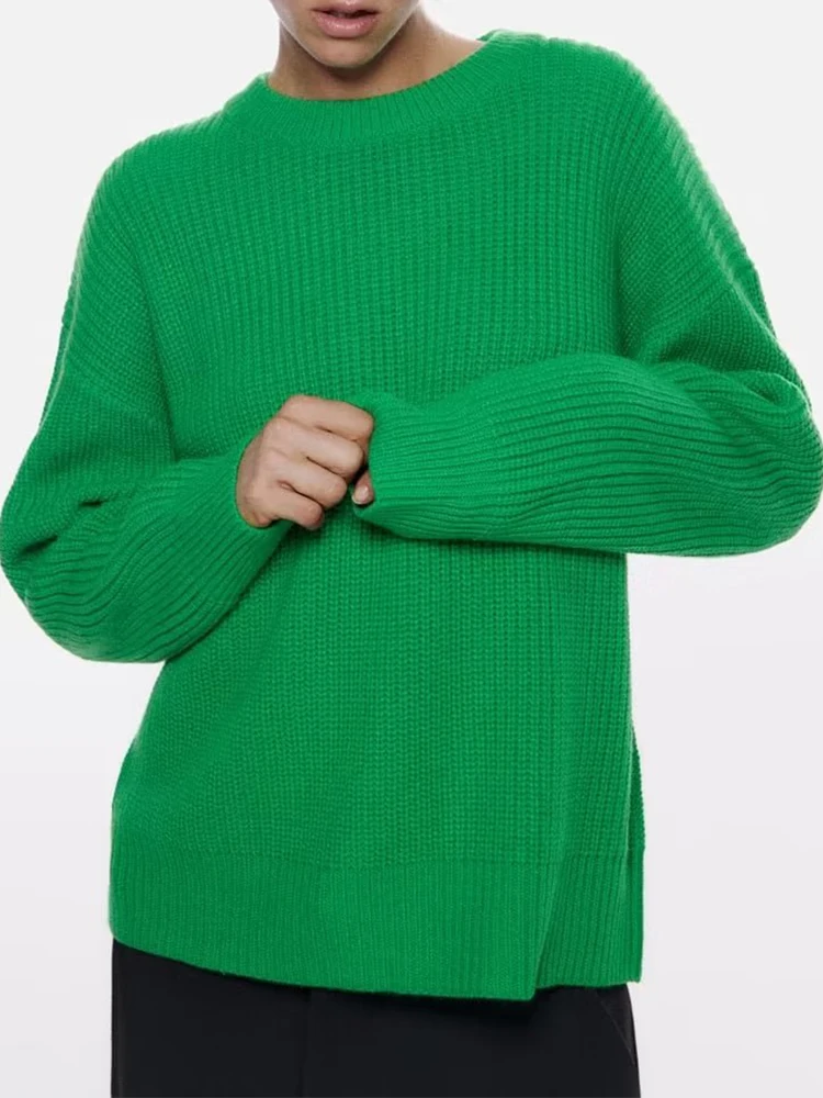 

Women 2022 Green Purl Knit Sweater Long Sleeve O Neck Female Autumn Winter Pullovers Loose Jumper