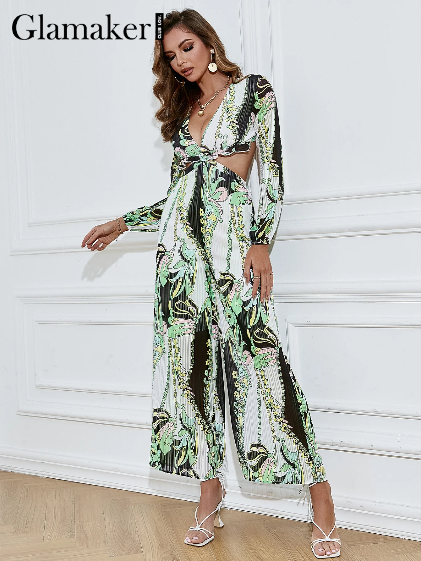 Женский шифоновый комбинезон с цветочным принтом длинным рукавом и открытой