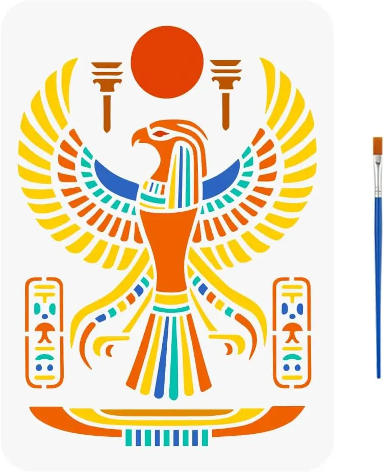 

Трафарет Horus Falcon с кистью 11,7x8,3 дюйма Сокол Солнце Трафарет Факел Руны Трафарет для рисования Набор для изготовления египетской тематики
