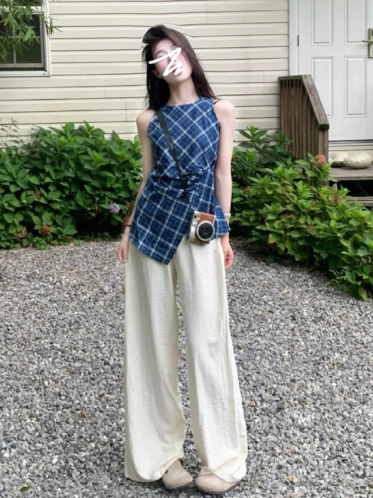 MiiiiX французская синяя полосатая клетчатая рубашка без рукавов женская блузка