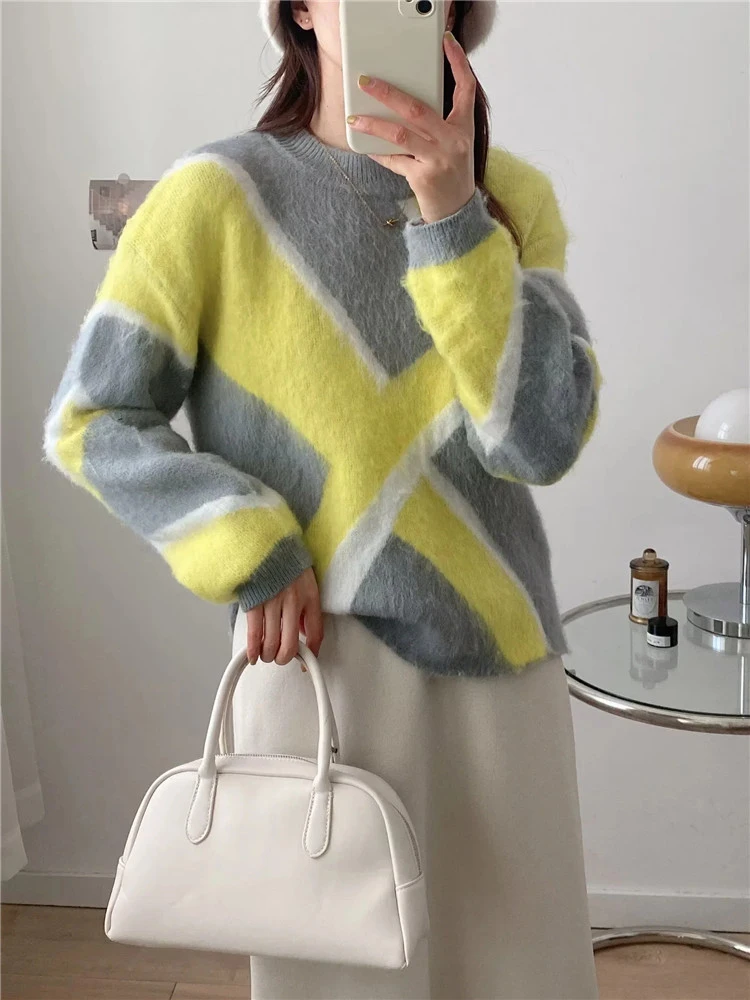 

Female Winter Casual Long Sleeve Loose Knitted Pullover Tops Womens Autumn New Fashion Contrasting Yellow Elastic Short Sweaters