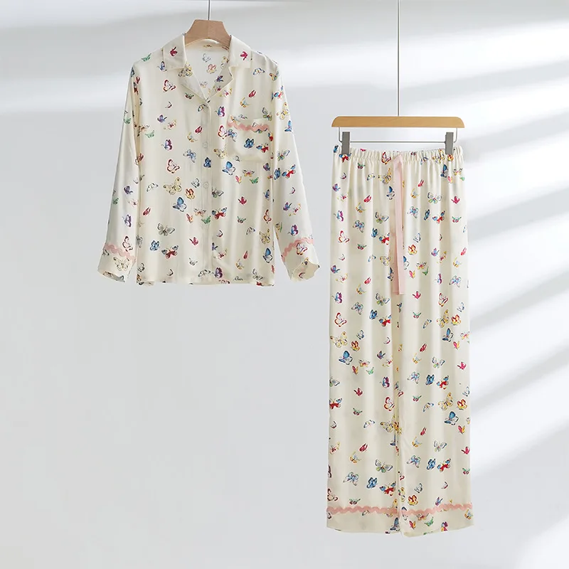 

Autumn Pajamas Women's Cute Sweet Butterfly Printed Long-Sleeved Trousers Loungewear Suit Two-Piece Sleepwear Women Clothes