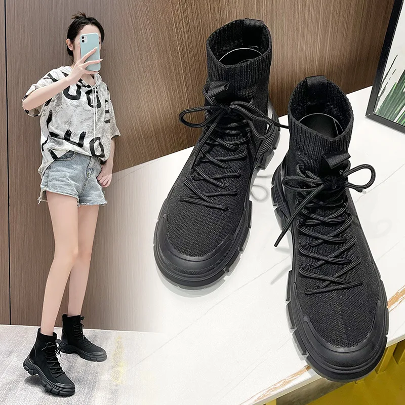 Knitted Fabric Ankle Boots Women Winter Autumn Platform Booties Chunky Elastic  Warm Plush Shoes Casual Short