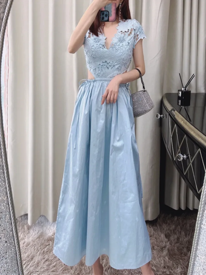 Women's Lace Hollow Out Stitching Dress 2023 Summer New High Waist Drawstring Design Ladies V-Neck Slim Fit Elegant Blue Robe