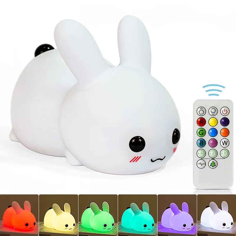 Touch Rabbit Night Lights Silicone Dimmable Mood Light Rechargeable Children Patting Sleeping Lamp RGB Remote Feeding Lamps
