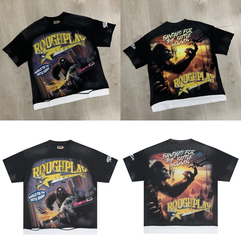 Фото Футболка Streetwear ROUGH PLAY: летняя повседневная модель с принтом гориллы, оригинальная бирка, высокое качество, в наличии. №1