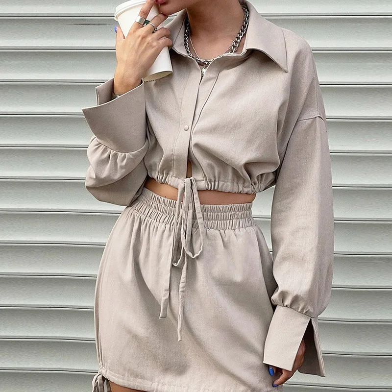 

2023 spring and summer women's long sleeved shirt collar tie waist blouse bud skirt suit