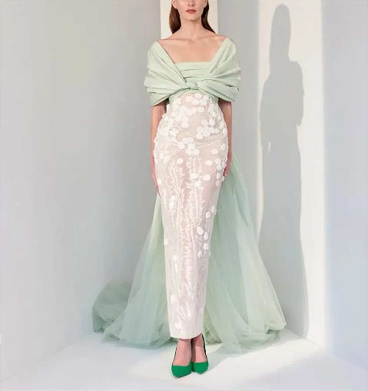 

Evening Special Occasion Dress Square Neck Green White Tulle Lace Embroidery Noble And Elegant Tailoring 2023 웨딩 드레스