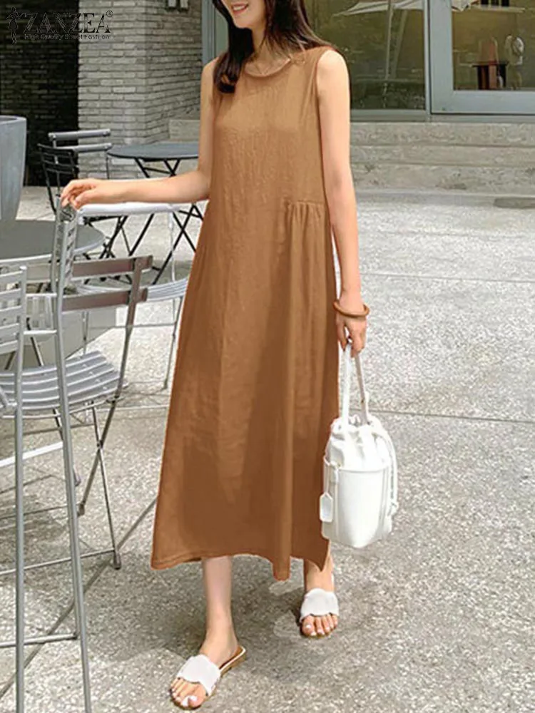 

ZANZEA Fashion Women Sleeveless Midi Sundress 2023 Summer Vestido Elegant Solid Beach Tank Dresses Sexy O-neck Streetwear