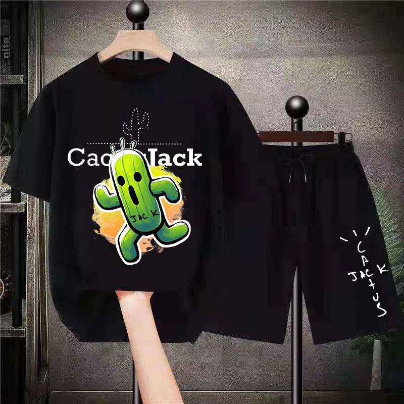 2023 Casual Men's Summer Set Street Trend Cartoon Pattern Oversized Short Sleeve Animation Clothing Cotton T-shirt Shorts Set