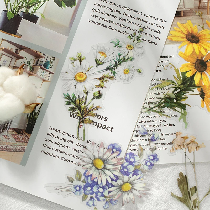 

11Sheets Stickers Material Scrapbooking Cotton Rose Nocturne Daisy Decorative Natural plants Paper 23*10CM