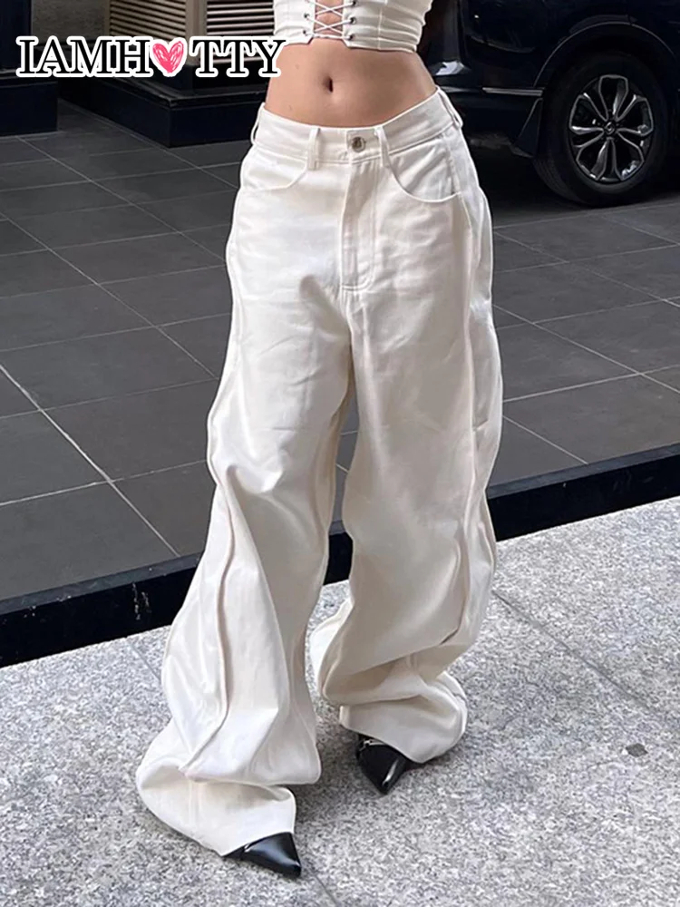 

Джинсы-карго IAMHOTTY женские с завышенной талией, свободные штаны из денима, прямые повседневные брюки с широкими штанинами, в винтажном стиле, в стиле оверсайз