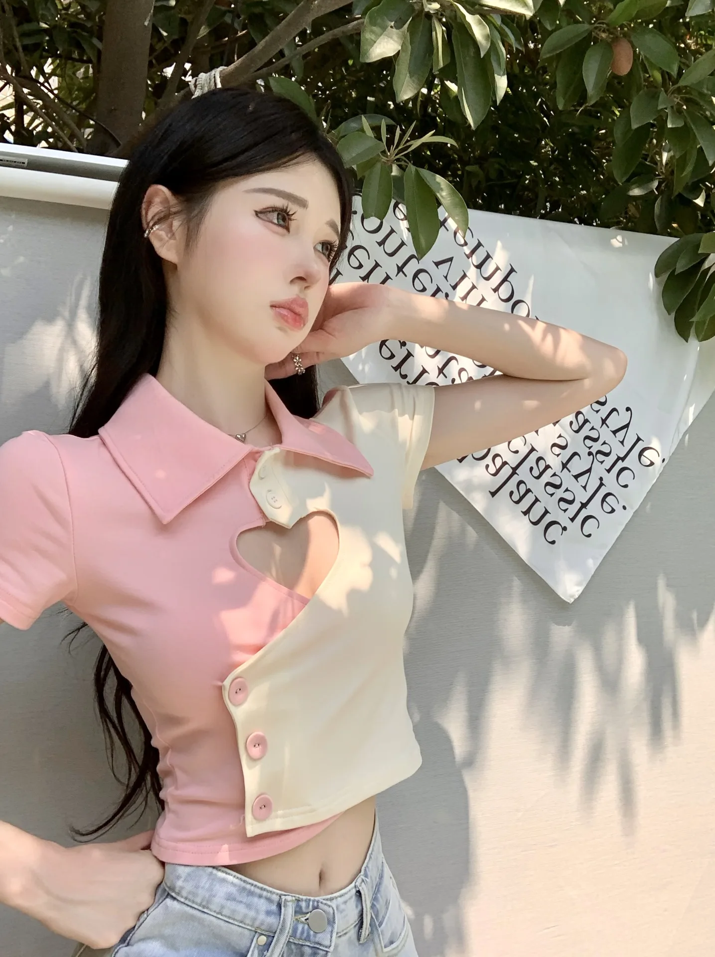 

Women casual summer stylish t shirt open chest heart hollow harajuku short sleeve t shirt skinny fashion streetwear
