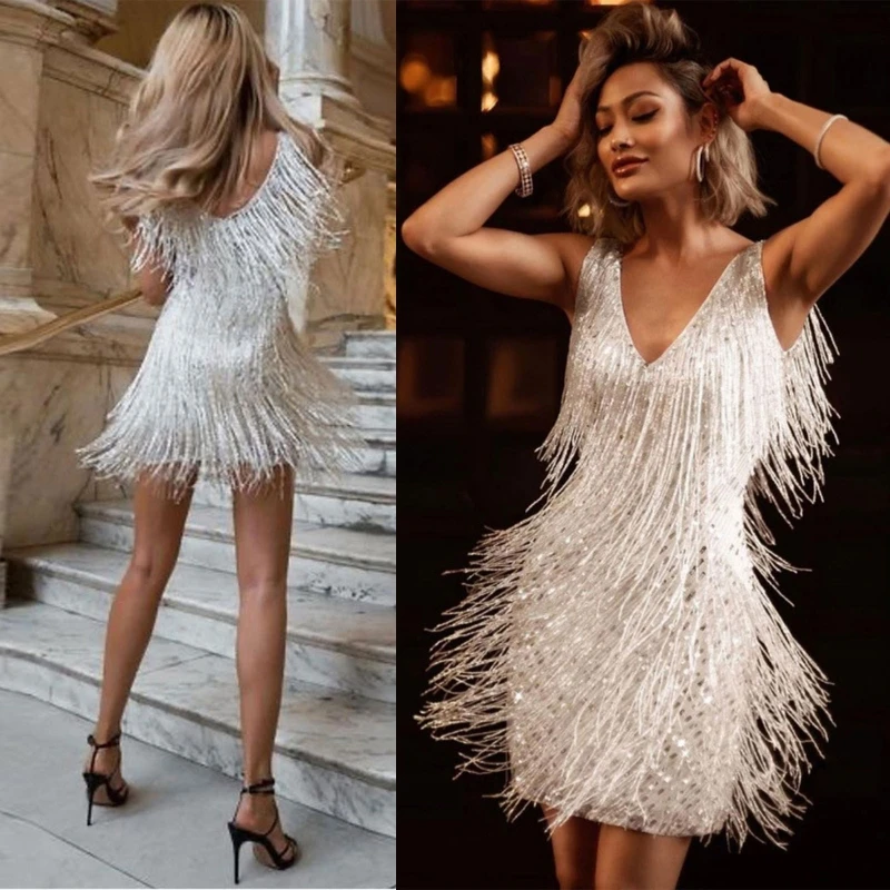 

652F Women Sequined Fringed Solid Color Evening Party Clubwear Mini Bodycon Dress