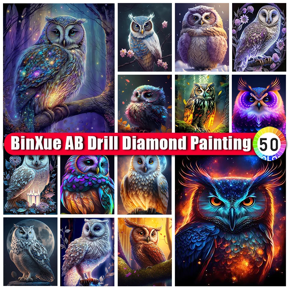 

BinXue Colorful Cartoon Fantasy Branches Owl AB Diamond Painting Trees Moon Handmade DIY Cross Stitch Mosaic Art Home Decor Gift