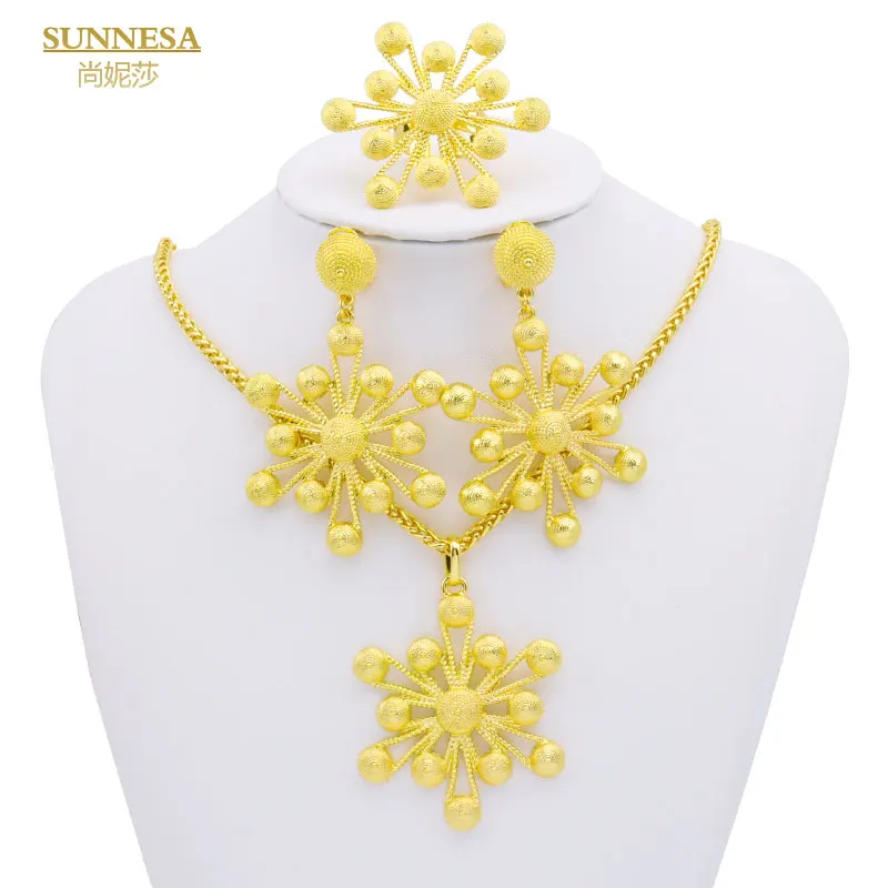 

SUNNESA Trendy Senegal Pendant Necklace Luxury Dubai Jewellery Star Flower Drop Earrings 18k Gold Plated African Jewelry Set