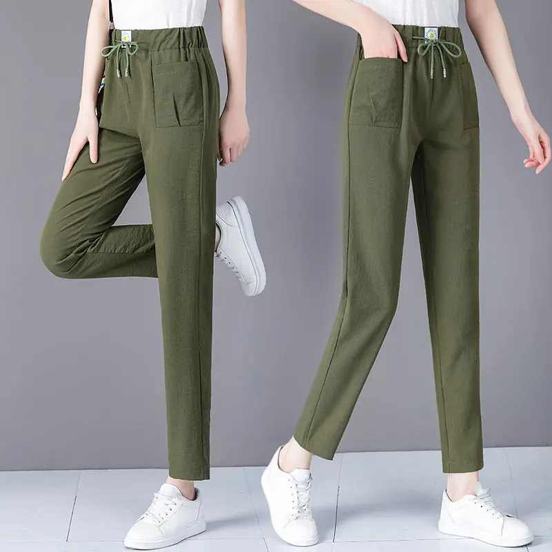 

Ice Silk Slub Hemp Harem Pants Women's 2022 Spring And Summer New Ninth Ladies Trousers High Waist Female Leggings