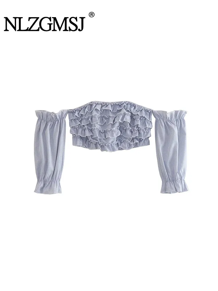 

Nlzgmsj TRAF Women Fashion With Ruffles Shoulders Cropped Blouses Vintage Long Sleeve Female Shirts Chic Tops