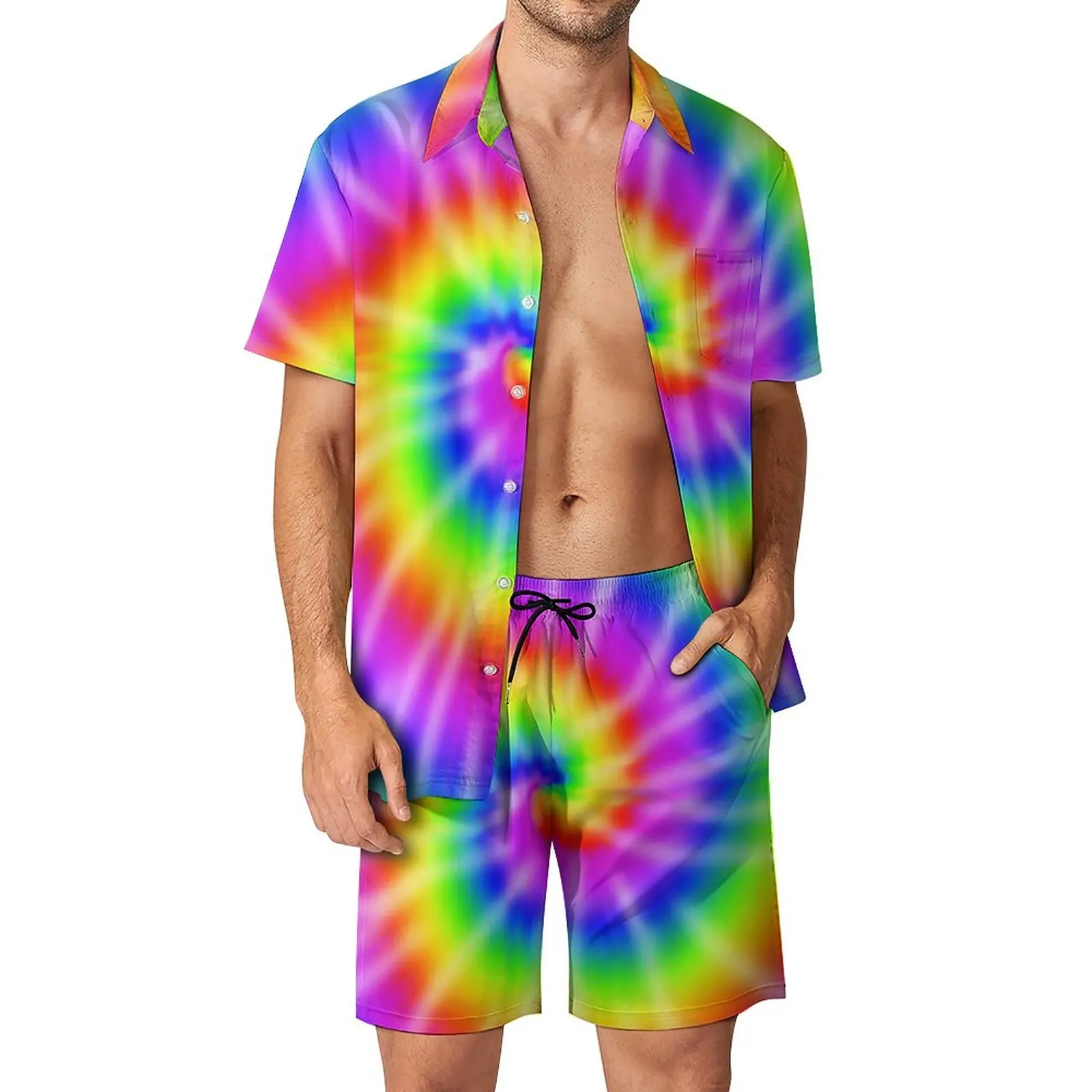 

Набор мужской с разноцветными шортами, гавайский пляжный комплект из рубашки и разноцветных абстрактных радужных шорт, с коротким рукавом, ...