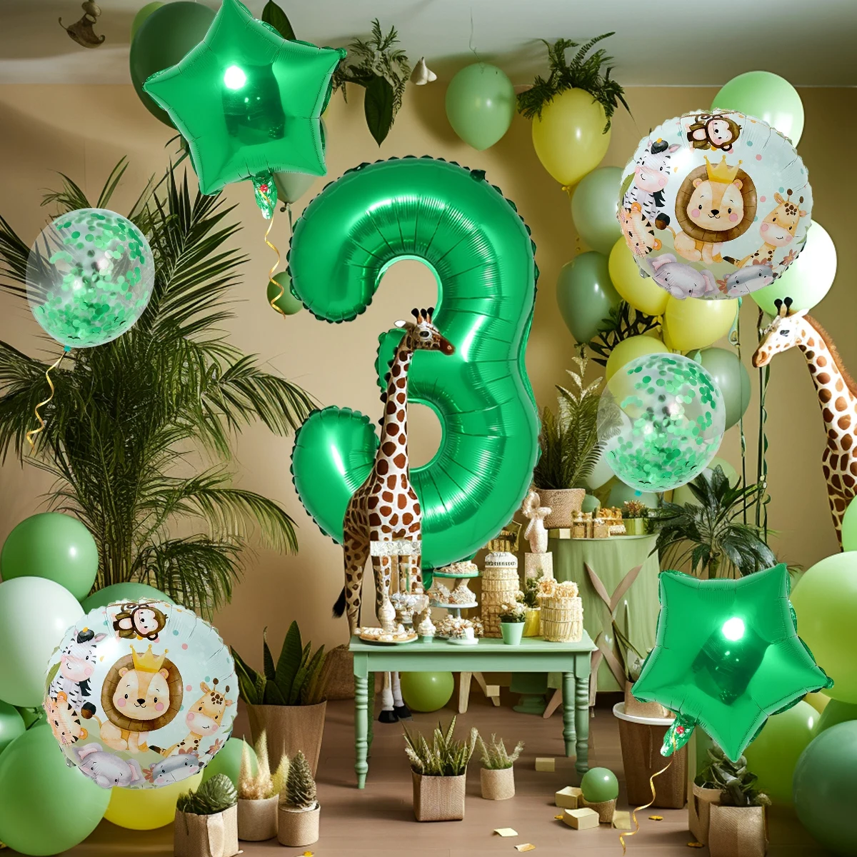 Набор воздушных шаров 0-9 с животными и зелеными цифрами