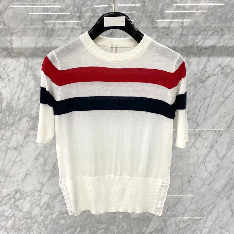 

2022 Fashion Brand T-Shirt Women Short sleeve Casual Summer Loose Striped Patchwork O-neck Cotton Clothing