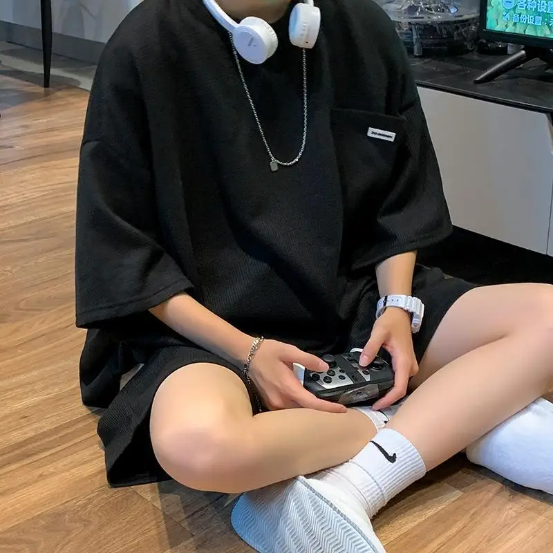 Men's Big Size Summer High Quality Waffle Check T-Shirt Shorts Suit SLacks Loose Leg Sportswear Home Wear Cotton Comfort Suit.