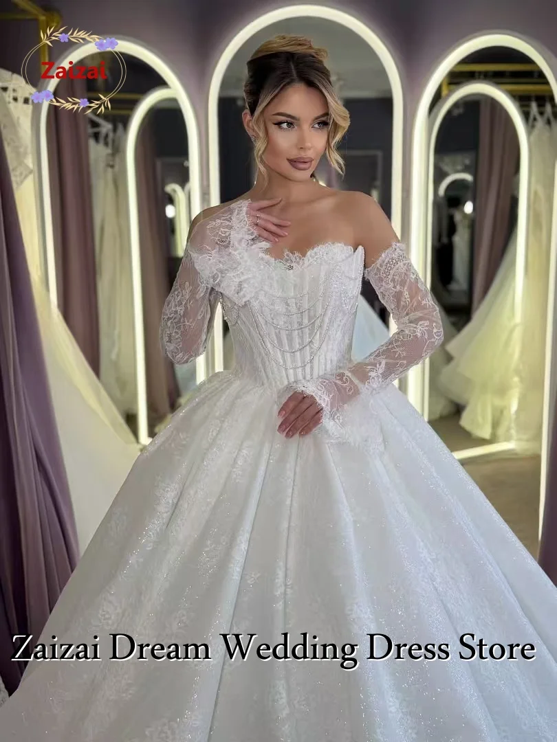 Фото Изысканные свадебные платья на заказ с жемчугом, свадебное платье Vestido De Noiva больших размеров с длинными рукавами, официальный магазин AmandaNovias №3