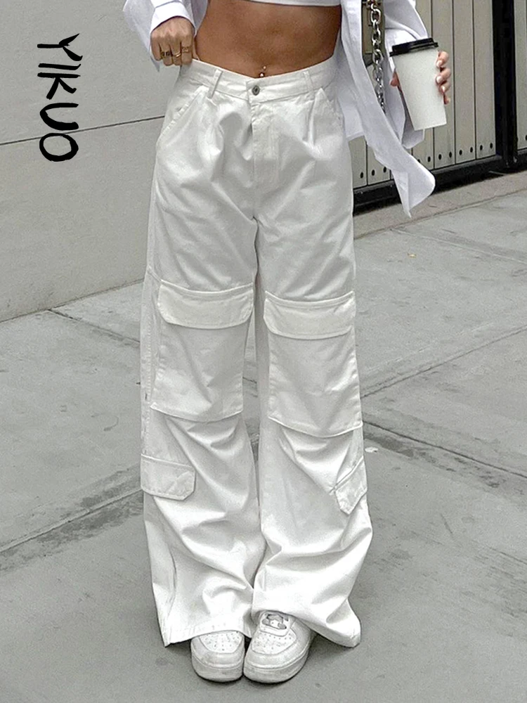 

YIKUO White Wide Leg Baggy Mom Jeans Big Pockets Korean Fashion Cargo Pants Women Street Style Casual Basic Denim Trousers