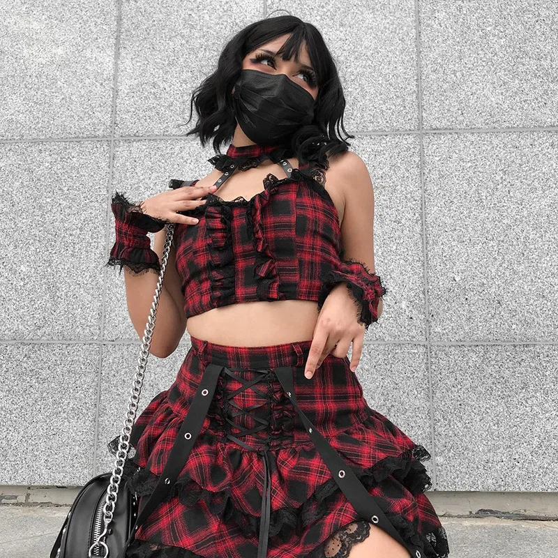 

Dark Style Plaid Lace Pleated Mini Skirts Women Clothes 2022 American Spring Summer Short Skirt Suit Women Dress RXHLYQ473