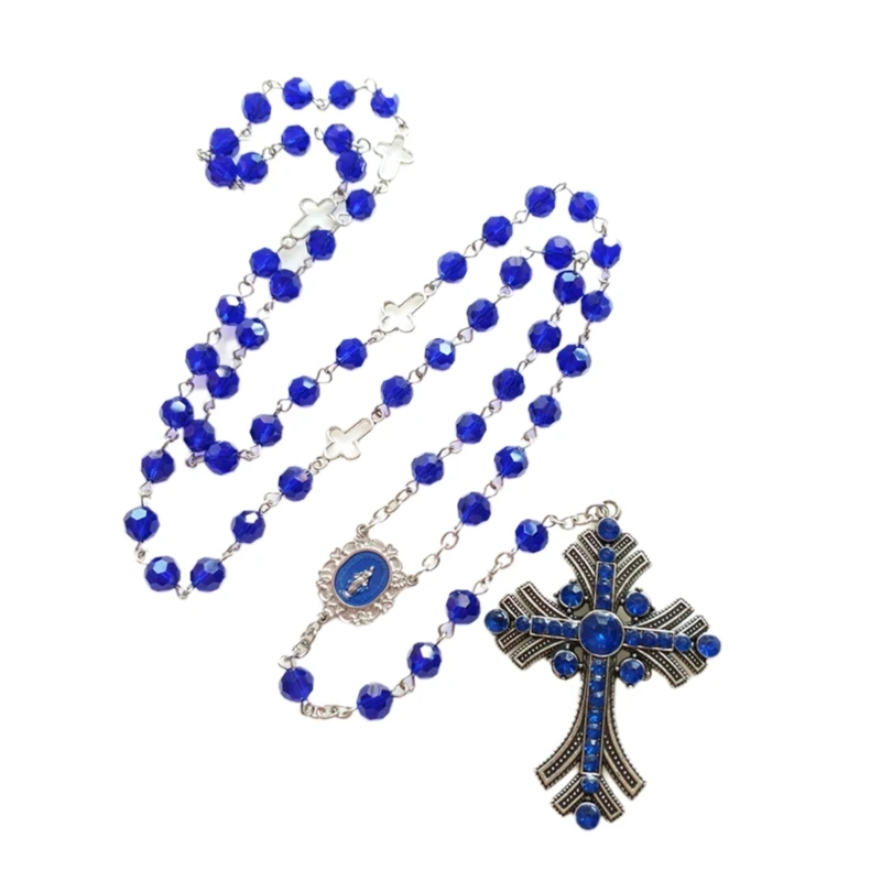 

8mm Crystal Rosary Necklace Long Crucifix Pendant for Women Girl 667A