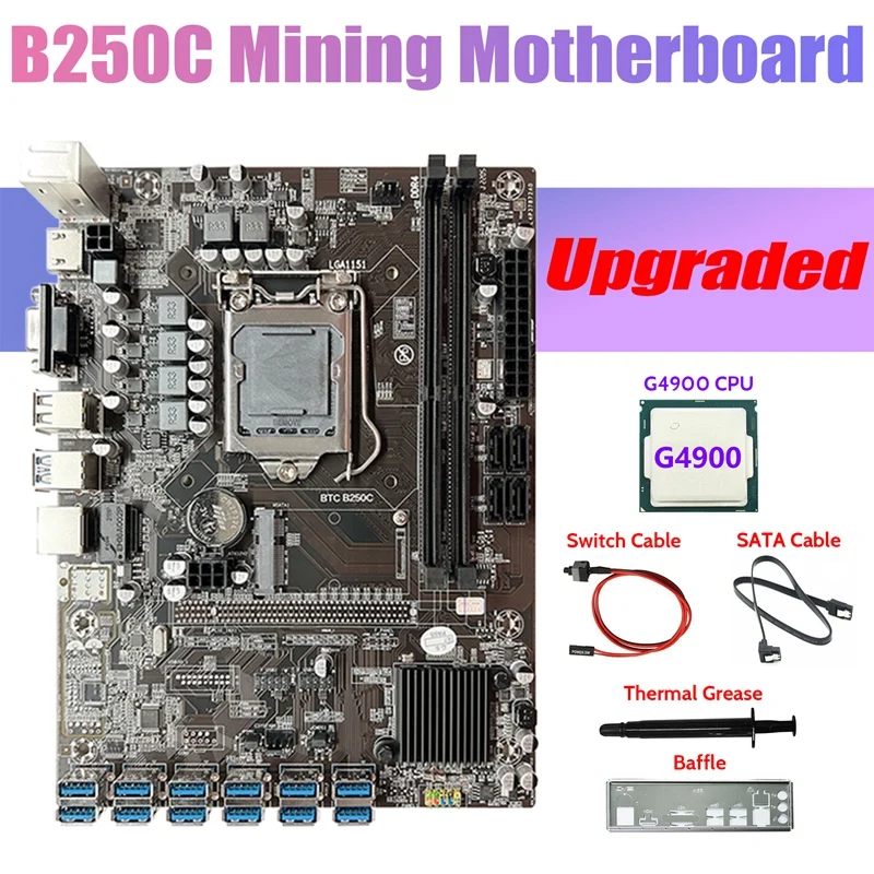 B250C ETH Miner Motherboard+G4900 CPU+Baffle+SATA Cable+Switch Cable+Thermal Grease 12USB3.0 GPU Slot LGA1151 For BTC