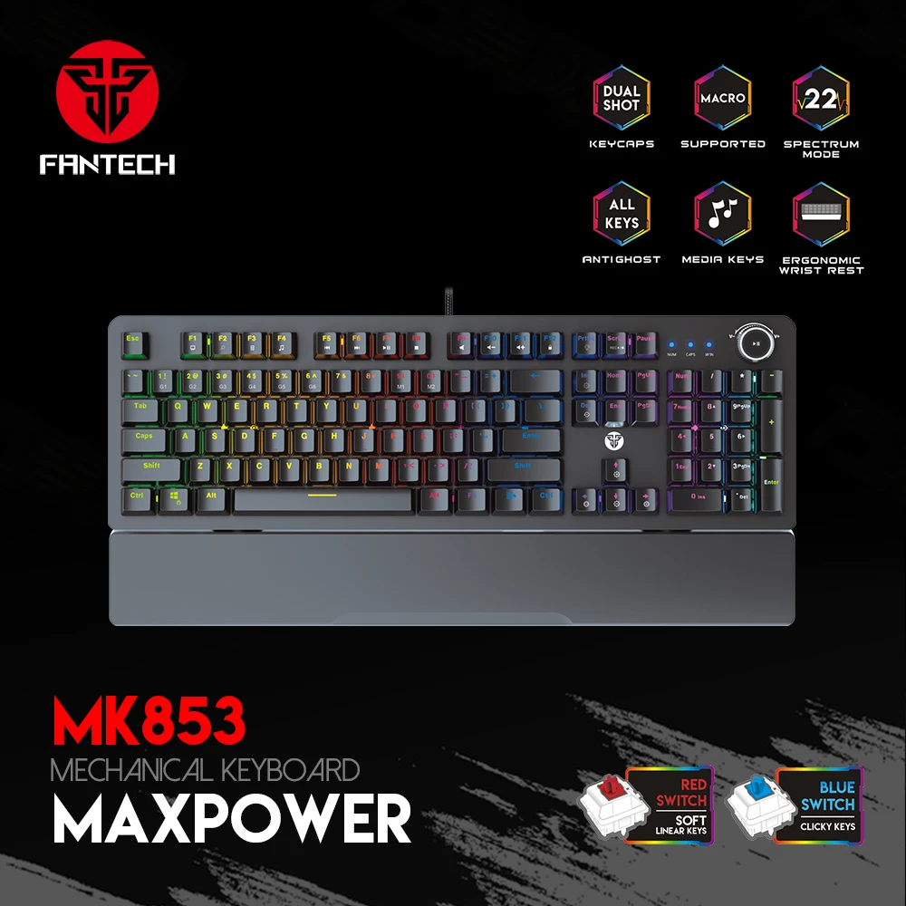 

FANTECH MAXPOWER MK853 Gaming Mechanical Keyboard En 108 Keys Ergonomic Wrist Rest and Macro USB Wired Keyboard for PC Gamer