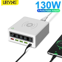 urvns 130w5 ports desktop usb charging station with lcd displayqc3 0 65w usb c charger hub wireless charger for phonelaptop