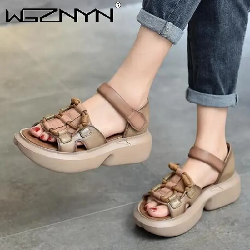 

2022 Mixed Colors Women Sandals Wedges Heel Open Toe Genuine PU Leather Casual Retro Platform Sandals Women Summer Shoes Beach