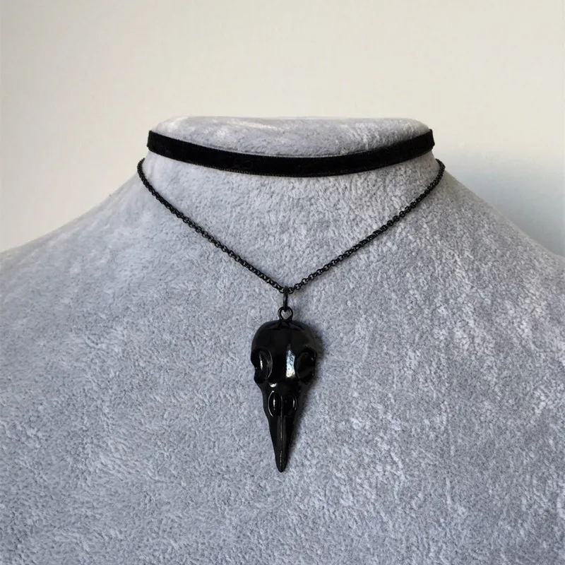 

Gothic Black Raven Skull Necklace, Steampunk Jewelry, Grunge Emo Necklace Collar Jewelry, Witchcraft Pagan Gift