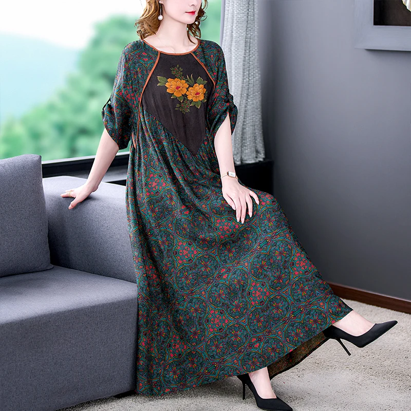 

Spring Loose 4XL Plus Size Floral Midi Dress 2022 Summer Print Mulberry Silk Beach Sundress Women Elegant Bodycon Party Vestidos
