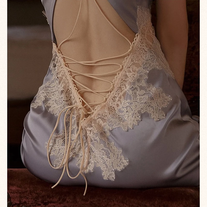 QWEEK Silk Night Dress Sexy Women's Nightwear Beautiful Back Sleepwear Lace Patchwork Nightgown Female Dresses Nightie Ladies