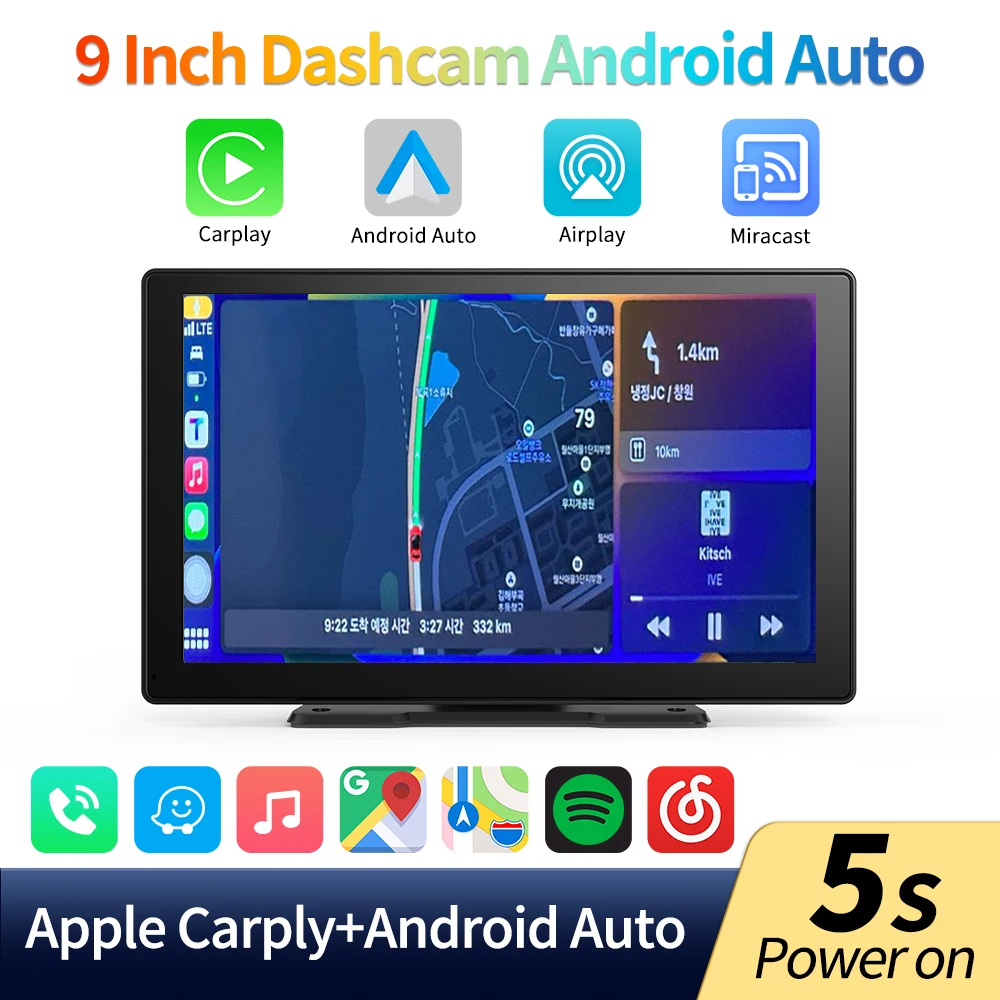 

9" Wireless CarPlay Android Auto Dash Cam 2K Rear Cam AUX Bluetooth Audio BT Phone Call Airplay Miracast Dashboard Car DVR