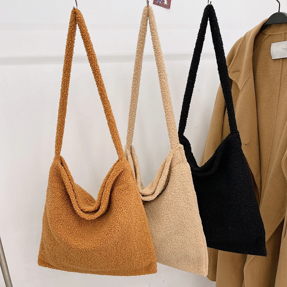 

Women Plush Faux Fur Solid Color Luxury Brand Designer Handbags Autumn Winter Large Capacity All-match Casual Top-handle Bag