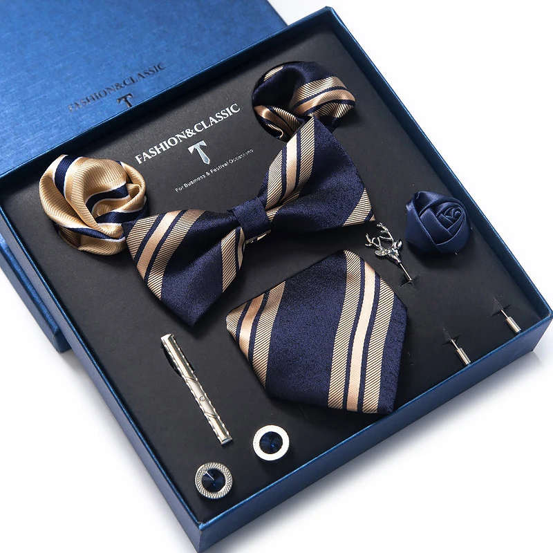 2022 New Style Classic Silk Wedding Gift Tie Pocket Squares Set Cufflinks Brooch Pin Necktie Box Men Solid Fit Festive Present