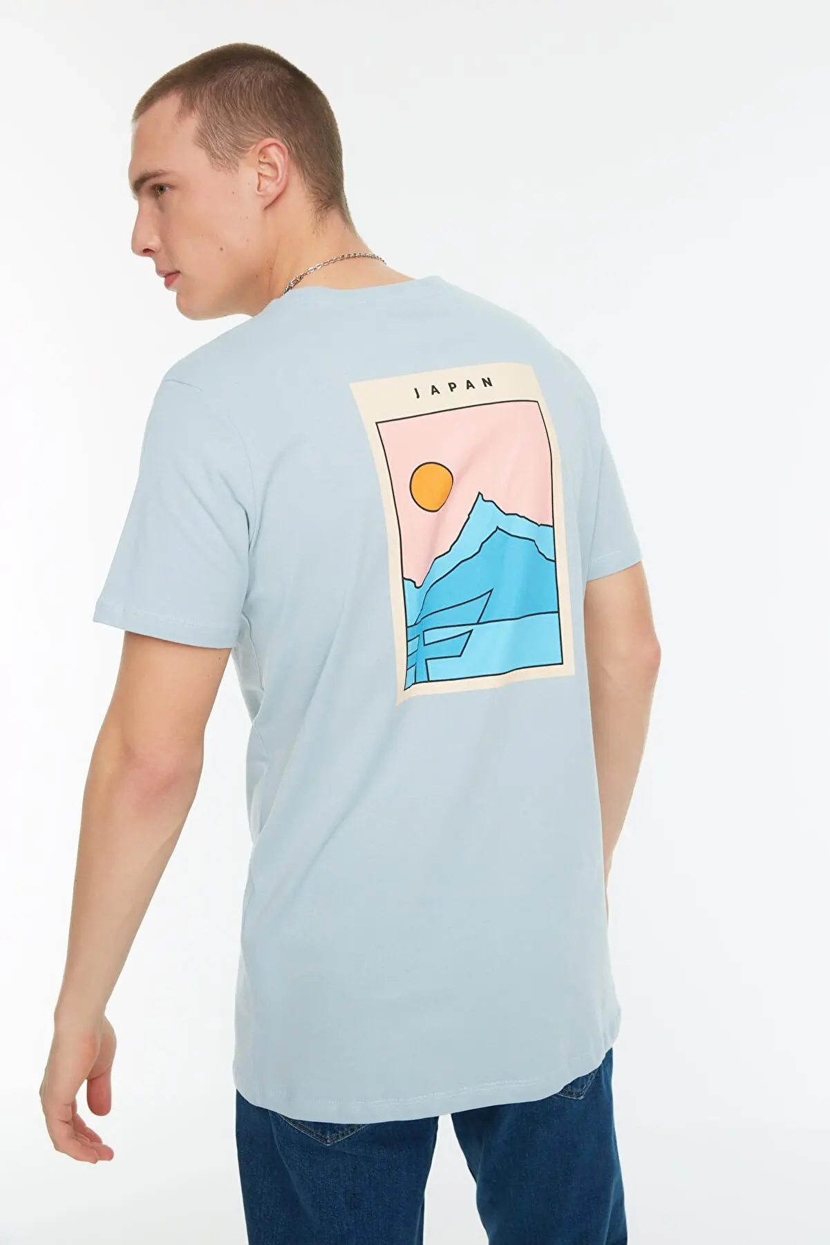 

Blue Color Men's Long Fit Short Sleeve Back Printed t-shirt 0620 T-Shirts For Men Summer Fashion