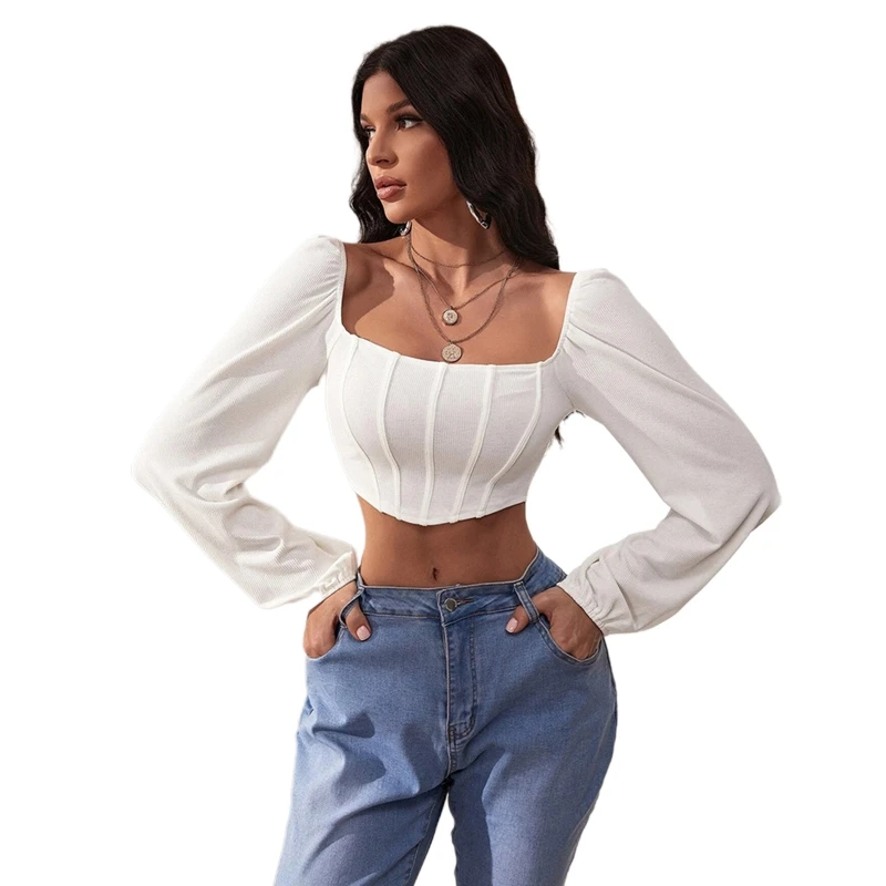 

Женский укороченный топ-бюстье с длинным рукавом, белые топы, футболка с квадратным вырезом, футболки