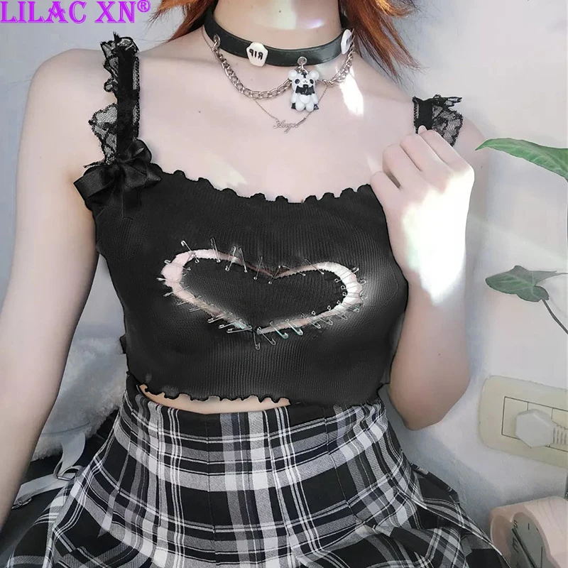 

Goth Sexy Hollow Out Heart Camis Y2K Aesthetic Black Sleeveless Lace Trim Strap Crop Top Fairy Grunge Summer Women Tops Camisole