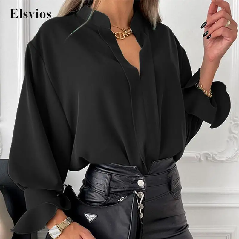 

Женская офисная блузка с V-образным вырезом, с оборками и длинным рукавом