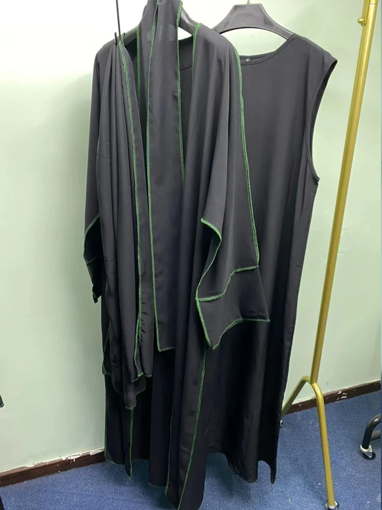 Eid Muslim Abaya Women Laila Black Abaya Gowns Dubai Arabic Kimono Open Cardigan Outwear with Stitching Scarf Belt