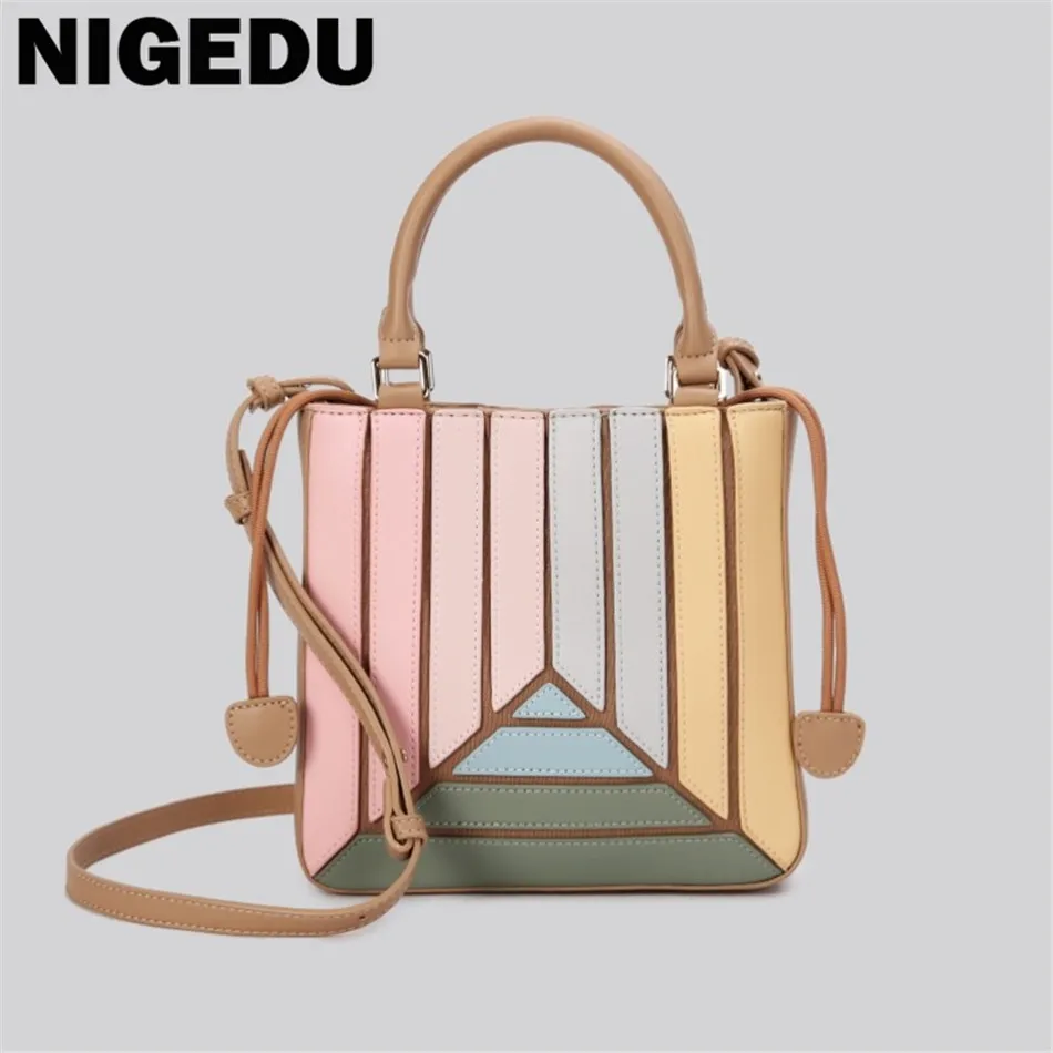 

Brand Contrast Color Patchwork Women Shoulder Bag Drawstring Pu Leather Handbag and Purse Crossbody Bags ladies Totes bolsas