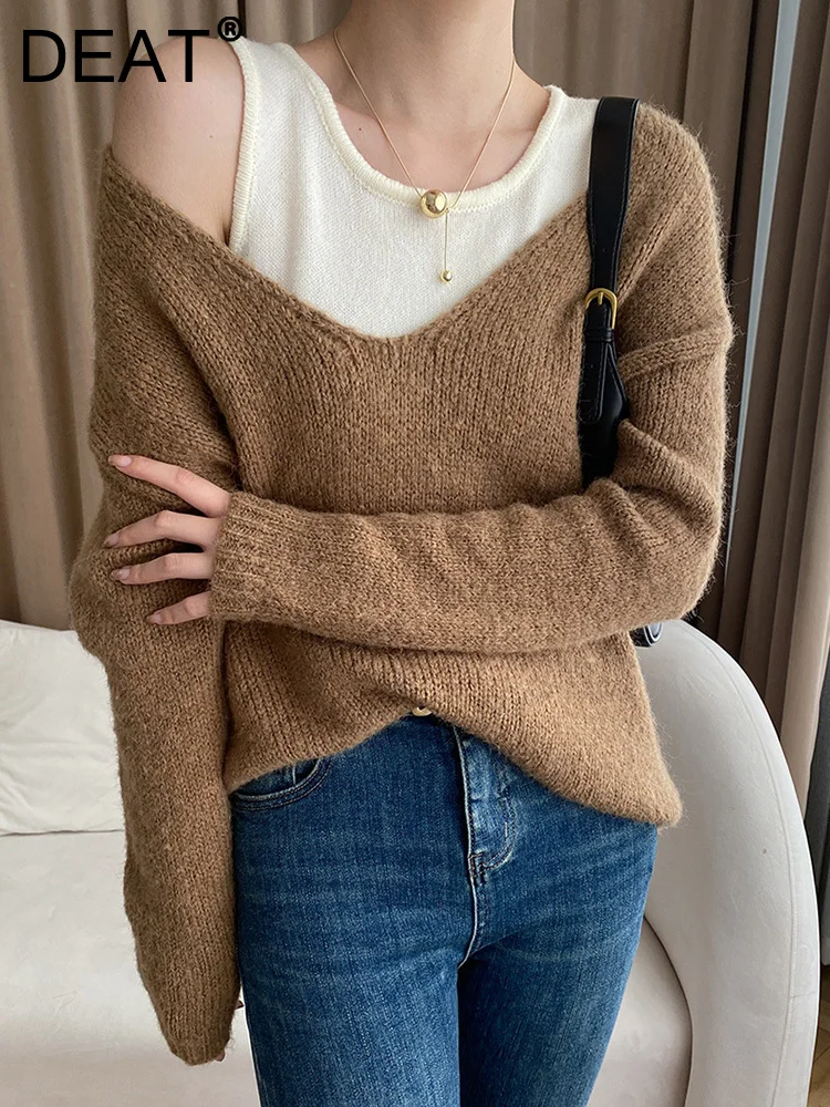 

Женский трикотажный Костюм-двойка DEAT, облегающий жилет без рукавов, свитер с V-образным вырезом и рукавом реглан, осень 2023