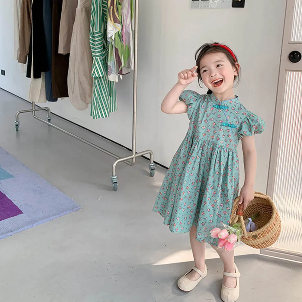 Toddler Girl Dress Outfits 2022 Summer New Cheongsam Style Floral Dress Puff Sleeve Sweet Princess Dress Kids Girl Clothes 2-7 Y