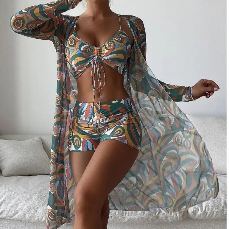 

2023 New Fashion Ladies Swimsuit 3 Sets High Waist Sexy Beach Tops Cloak Bikini Flat Corner Beach Trunks Dress Beach Wear