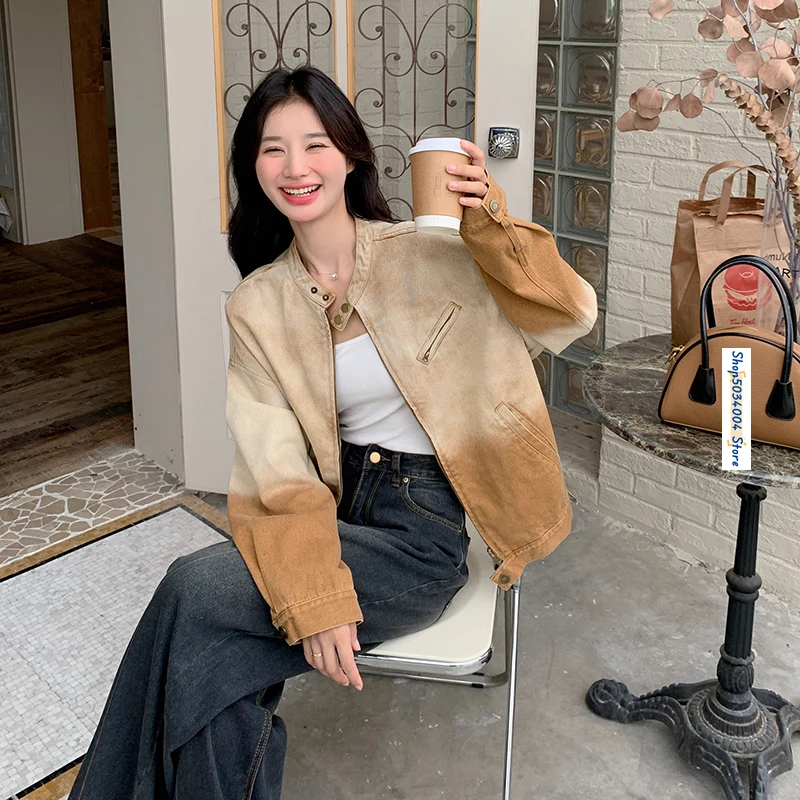 Женская джинсовая куртка цвета хаки с градиентом уличная одежда на весну и осень